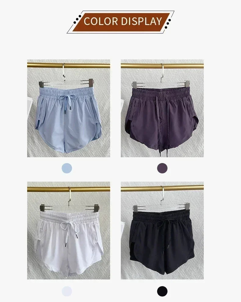 Short de Sport Femme Yoga Taille Haute Double Couche Séchage Rapide Respirant Athlétique Short d'Extérieur Loisirs Course Fitness