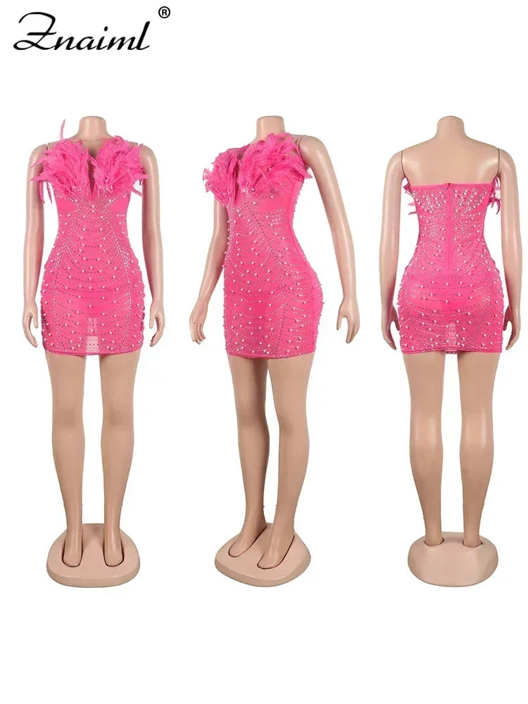 Znaiml Robes moulantes dos nu transparentes en maille diamantée avec strass et plumes sexy pour femme, boîte de nuit, fête d'anniversaire, soirée, Vestidos