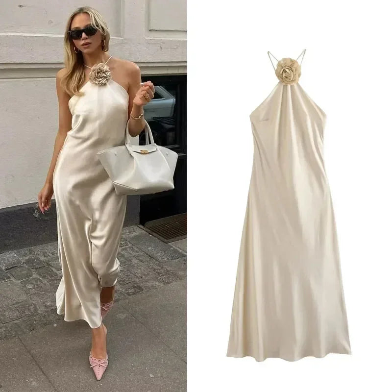 FEMME Robe Fleurie Dos Nu Femme Épaule Dénudée Satin Longue Robe Femmes Dos Nu Sexy Robes de Soirée Robes d'Été pour Femmes