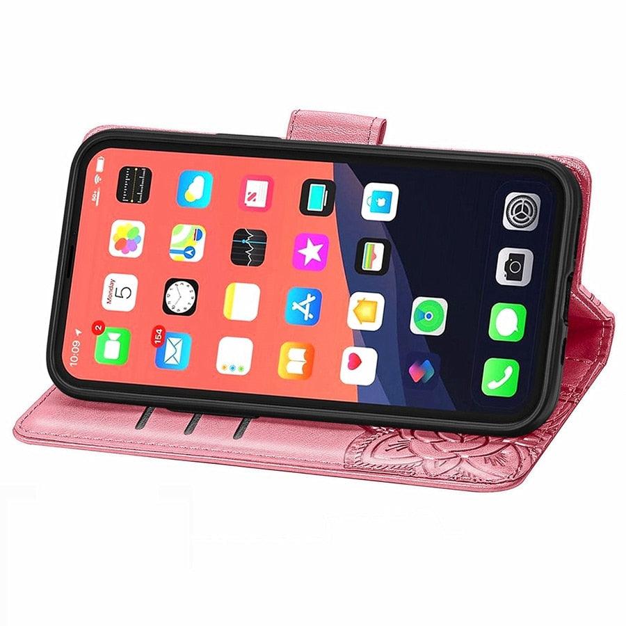 Étui Portefeuille de Luxe Rose Papillon Fleur pour iPhone 14 Pro Max 13 12 Classique Simple Cuir avec Porte-Cartes Béquille Dragonne Rabat pour iPhone