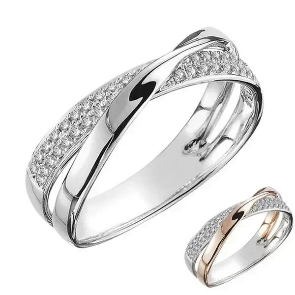 Bague classique en acier inoxydable bicolore en forme de X pour femmes, bijou tendance de mariage, anneaux de mariage éblouissants en zircon, bagues modernes