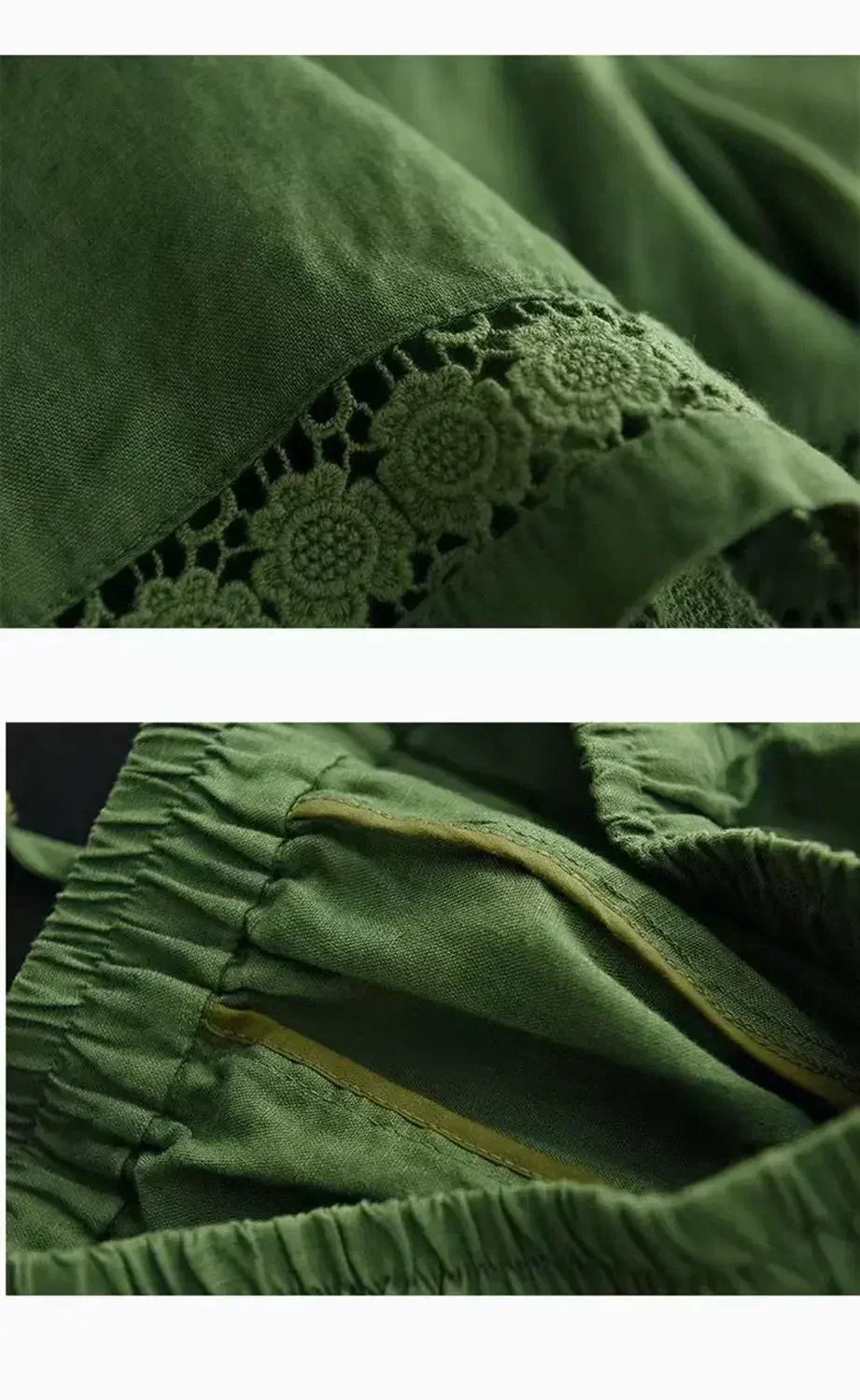 Short en coton et lin vintage taille haute élastique avec ceinture à nouer, brodé ajouré et coupe droite décontractée