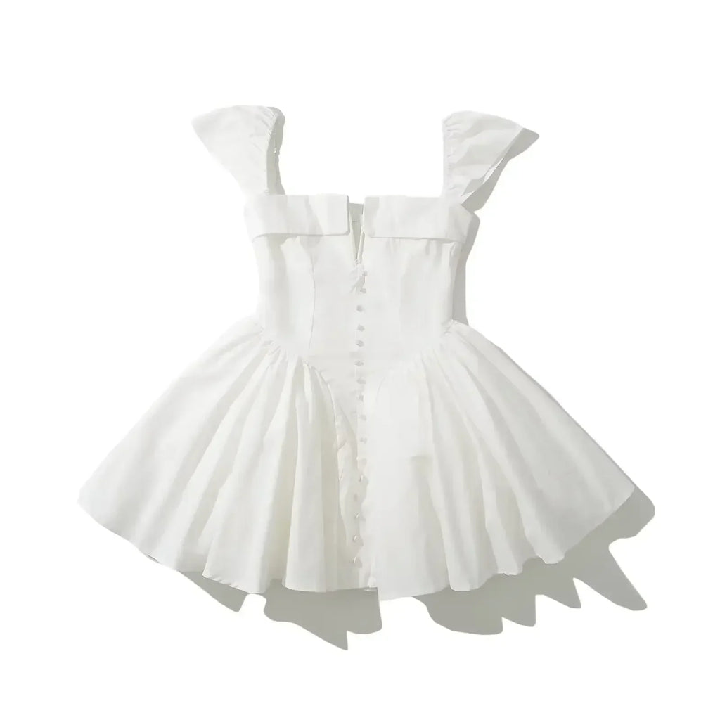 YENKYE Robe d'été blanche courte et évasée pour femme, sexy, à manches courtes, taille basse, élégante, pour soirée, demoiselles d'honneur