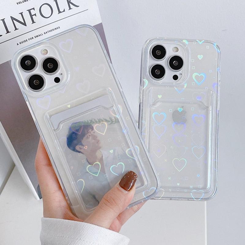 Coques de téléphone transparentes avec motif cœur mignon pour iPhone 13 14 Pro Max Simple Luxueux Amour Dégradé Silicone Étui Portefeuille Porte-Cartes Housse de protection antichoc