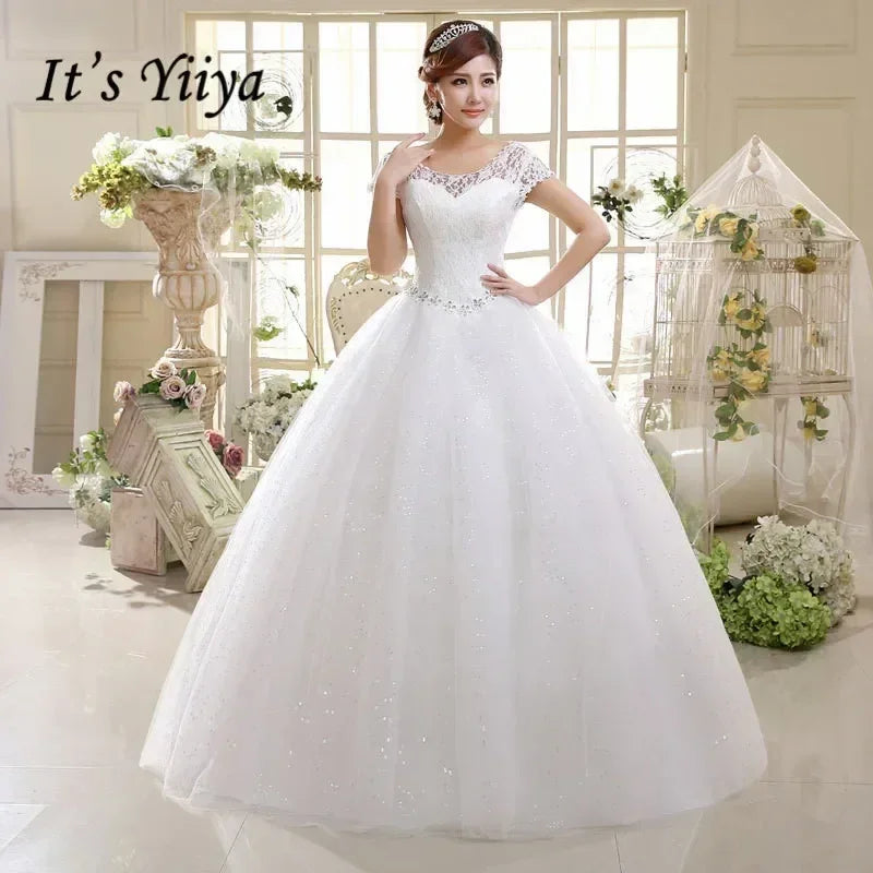 Robe de mariée grande taille, photo réelle, rouge, blanche pure, dentelle, col rond, paillettes, robes de mariée pas cher, robes de princesse, HS587