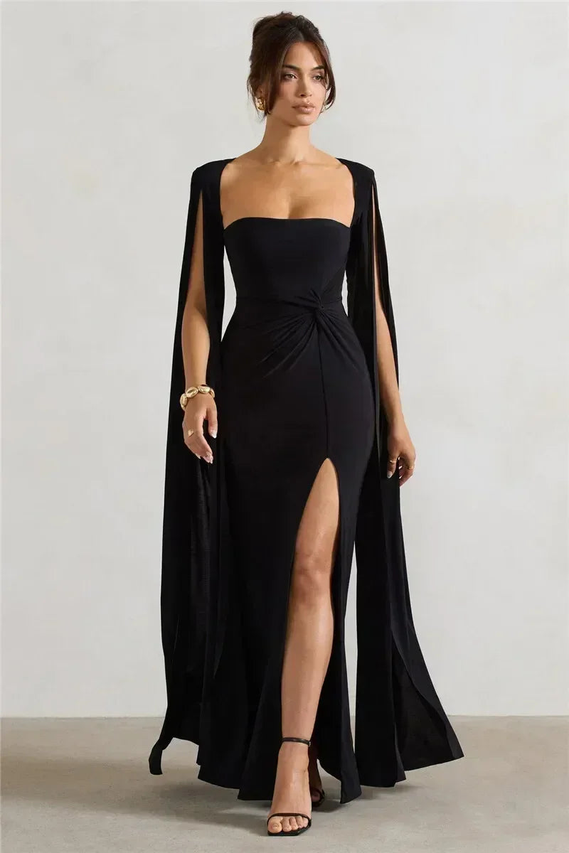 Mozision Robe longue fendue à manches cape pour femme, élégante robe de soirée longue à col carré, couleur unie, nouvelle collection