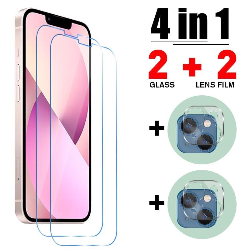 Verre trempé 4 en 1 pour iPhone 13 12 Pro Max X XS XR 5 6 6S SE 2020 Protecteur pour iPhone 11 12 Mini 7 8 Plus Protection d'écran en verre trempé pour iPhone
