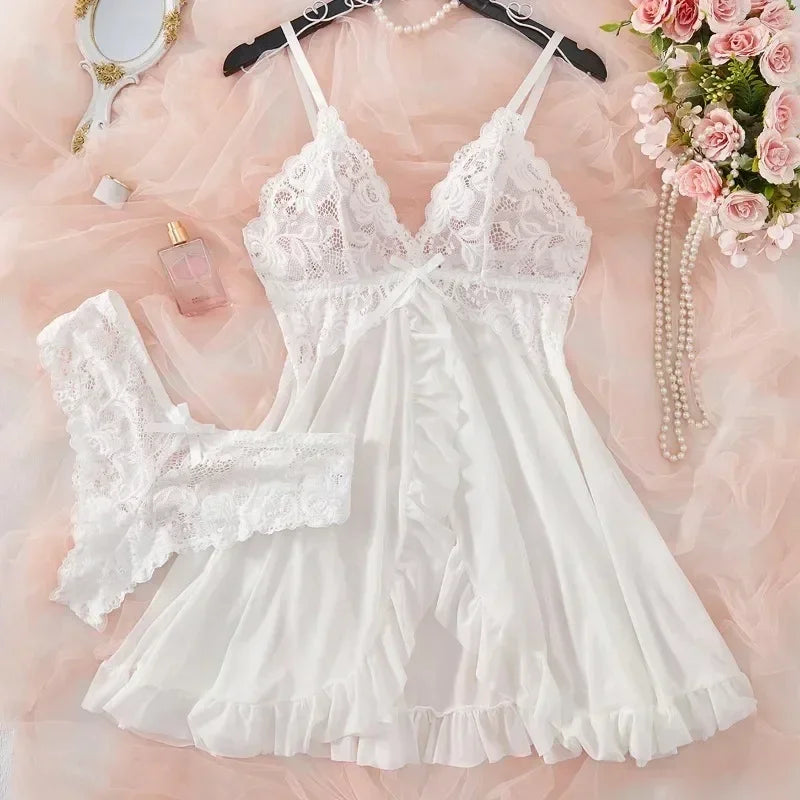 Ensemble de Lingerie Sexy Femme Soutien-gorge Érotique Chemise de Nuit Lingerie en Dentelle Sexy Vêtements de Nuit Couleur Unie Robes Fines et Douces Col en V Nuisette Complète et Robes