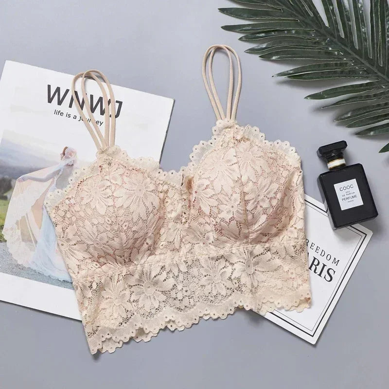 Soutien-gorge sans fil en dentelle à fleurs pour femme, push-up, bralette, lingerie sexy, bonnet complet, dos nu, débardeur, soutien-gorge doux, grande taille, sous-vêtement