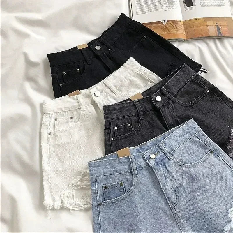Shorts en jean coréens pour femmes, mode d'été, décontracté, taille haute, déchiré, poches, pompons, style Y2K, pantalon court, streetwear, bleu