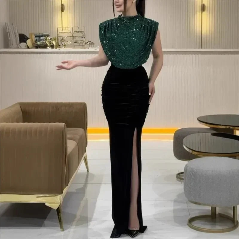 Robe longue élégante à taille haute, robe de soirée décontractée à col rond sans manches pour femme, drapée fendue, épissure à sequins, nouvelle collection 2025