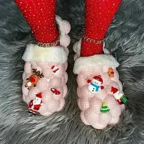 Pantoufles de maison roses en fourrure pour Noël, drôles, à bulles, à faire soi-même