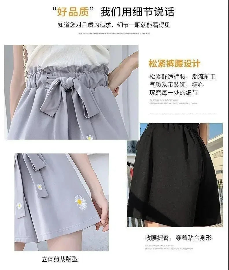 Short décontracté ample à taille haute pour femme, en tissu léger et noir, idéal pour l'été