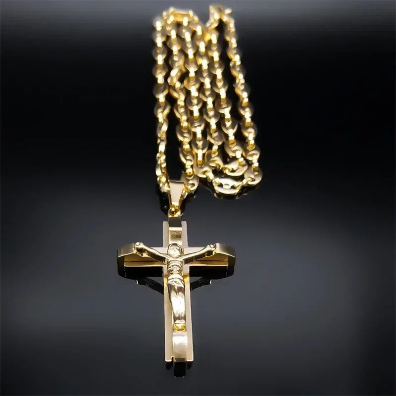 Collier pendentif croix de Jésus pour hommes en acier inoxydable couleur or, chaîne gourmette de café, bijoux chrétiens