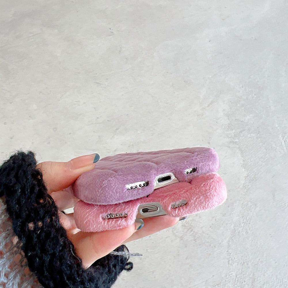 Coque de téléphone en fausse fourrure, chaude et moelleuse, à motif quadrillé, de couleur unie, pour iPhone 14 13 12 11 Pro Max Plus, coque arrière douce en silicone, antichoc, en fausse fourrure, pour iPhone