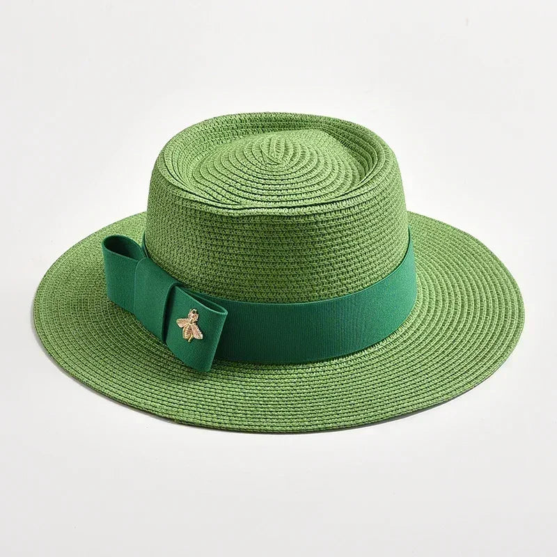 NOUVEAUX Chapeaux de paille Printemps Été pour femmes Surface ronde bosselée Dessus plat Nœud Papillon Robe Casquette Voyage Plage Soleil Chapeau Gorra
