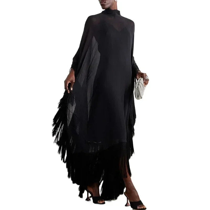 Yeezzi 2025 Nouvelle Mode Printemps Robes de Soirée Transparentes à Franges Femme Manches Chauve-Souris Couleur Unie Col Montant Ensemble Deux Pièces Robe