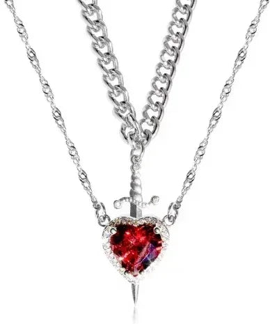 Parure de 2 colliers cœur et épée - Colliers de couple en ACIER INOXYDABLE plaqué or 18 carats avec cristaux pour femme, homme, petit ami, petite amie
