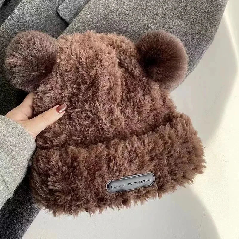 Bonnet tricoté en laine avec lettres et oreilles d'ours – Bonnet mignon à oreilles de chat pour femmes