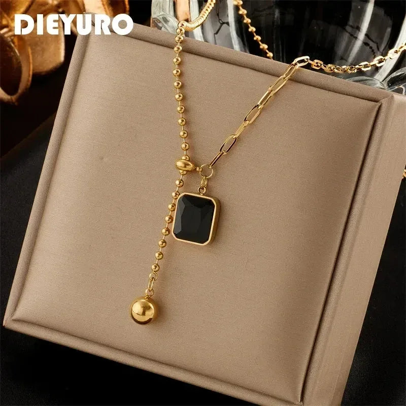 DIEYURO Collier en Acier Inoxydable 316L avec Zircon pour Femme, Designer, Couleur Or, Pendentif Perle Carrée, Colliers, Bijoux Corporels pour Filles, Cadeau