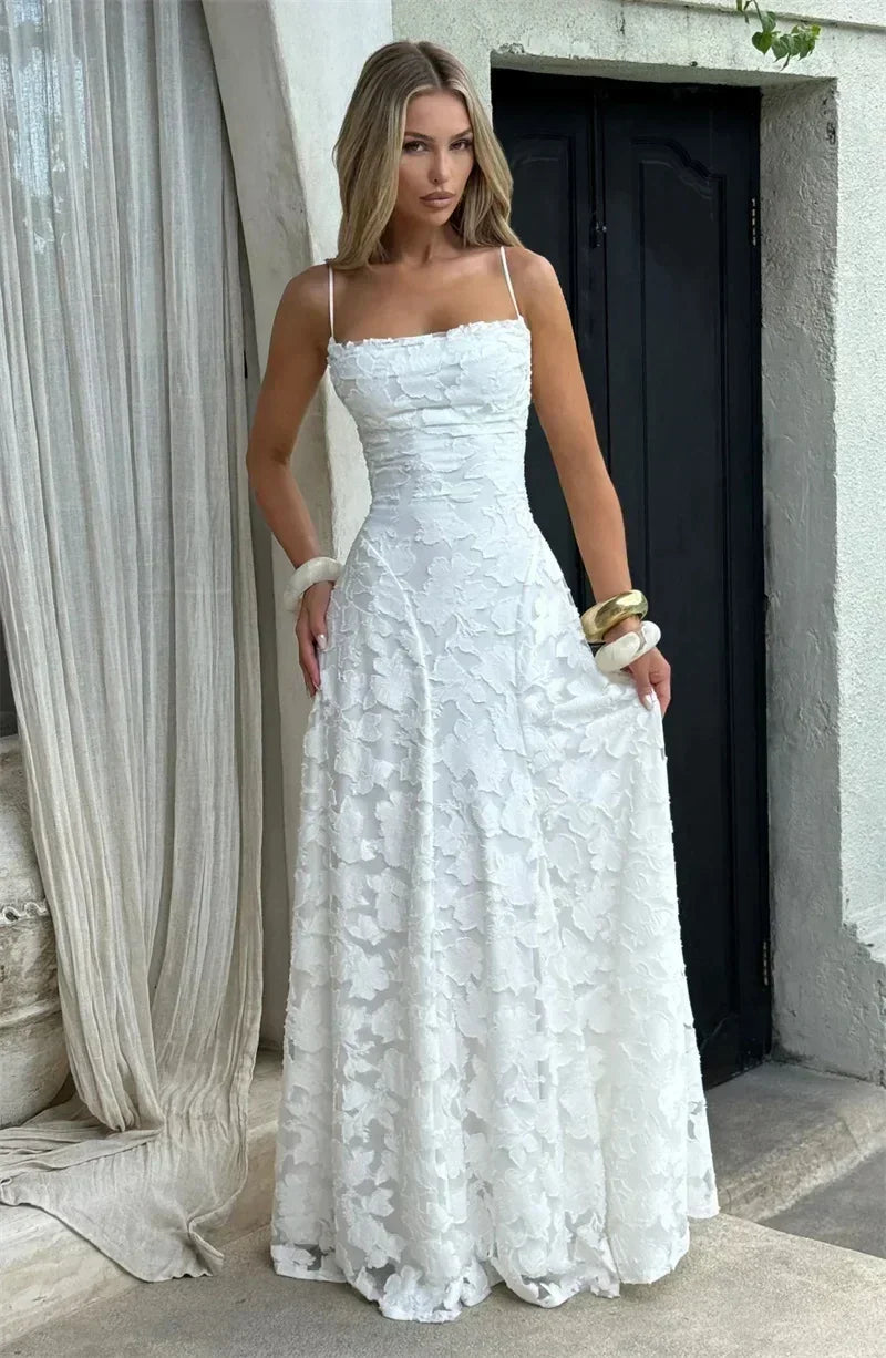 Mozision Robe longue sexy dos nu à fines bretelles pour femme, robe de soirée élégante épaules dénudées sans manches avec lacets pour club et soirée