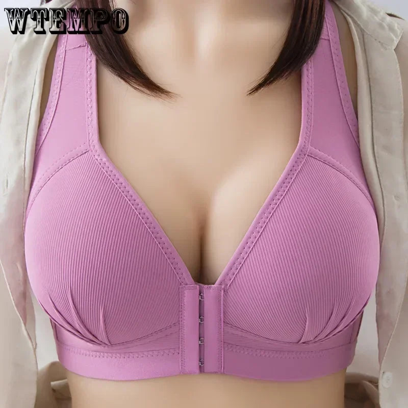 WTEMPO Soutien-gorge en coton grande taille fin sans armature avec boucle avant, sous-vêtement confortable et push-up, collection douce lingerie