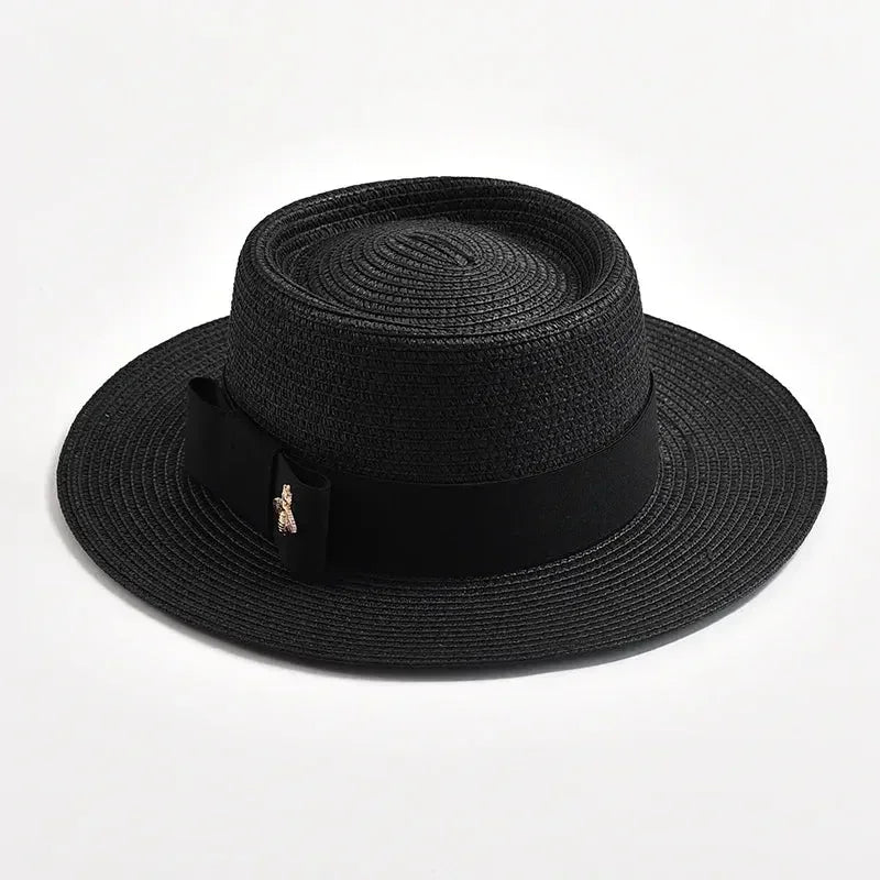 NOUVEAUX Chapeaux de paille Printemps Été pour femmes Surface ronde bosselée Dessus plat Nœud Papillon Robe Casquette Voyage Plage Soleil Chapeau Gorra