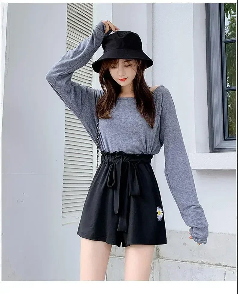 Short décontracté ample à taille haute pour femme, en tissu léger et noir, idéal pour l'été