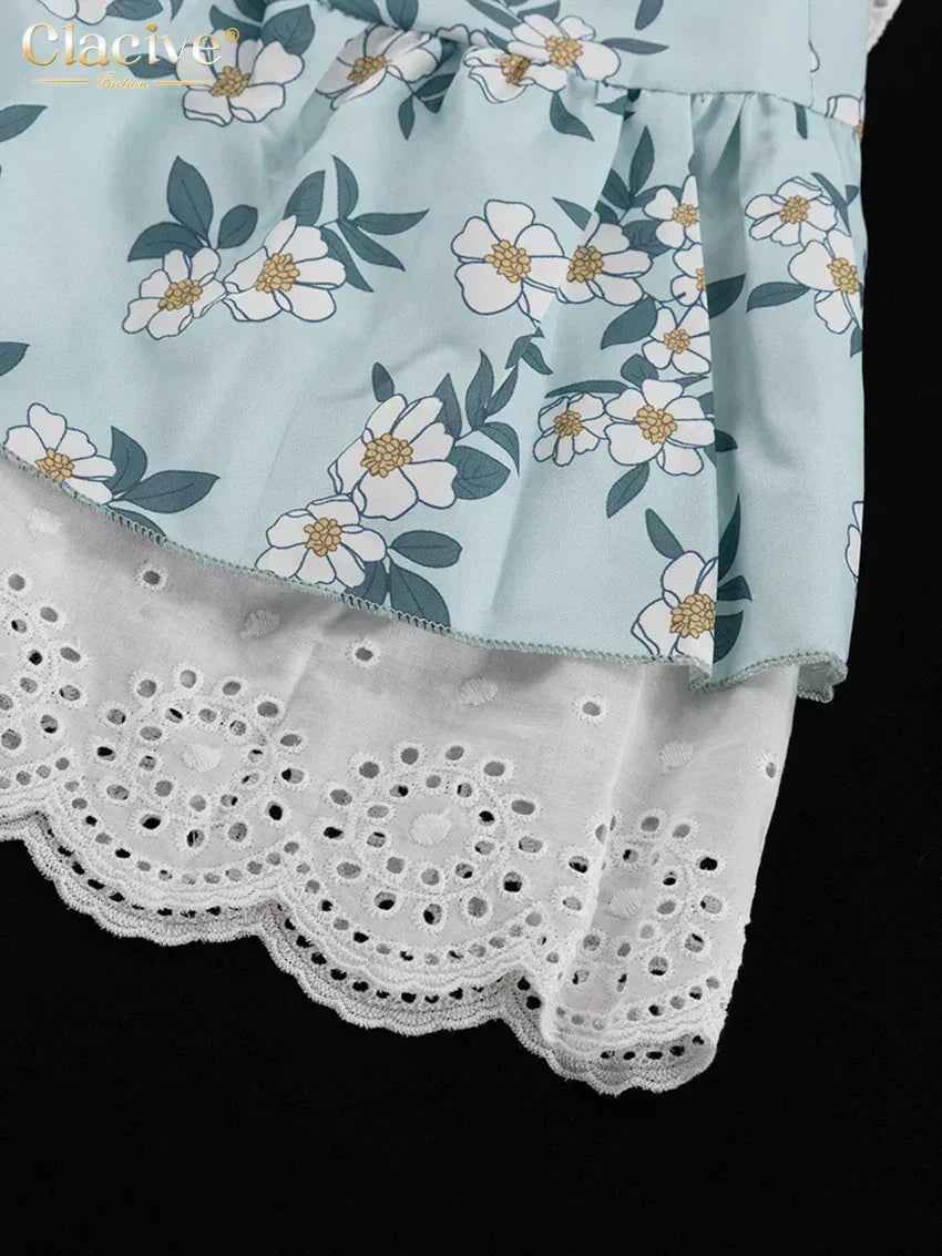 Clacive Robe d'été mince imprimée pour femme, à la mode, col slash, manches courtes, mini robes élégantes, taille haute, patchwork, robe féminine
