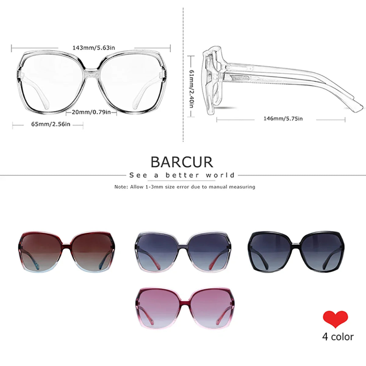 BARCUR Lunettes de soleil carrées surdimensionnées polarisées pour femme – Monture légère en PC Confortable Verres dégradés tendance Protection UV400 Idéales pour le shopping, la plage et les voyages