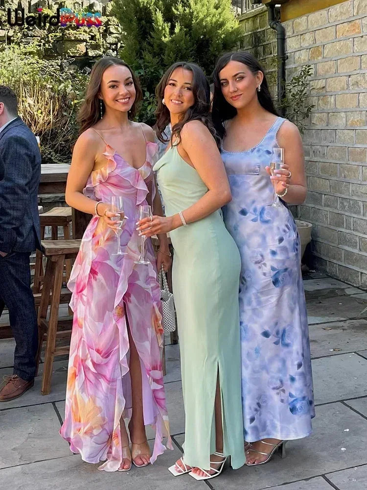 Robe Femme Weird Puss à Imprimé Floral Été Sans Bretelles Fentes Irrégulières Pompons Patchwork Dos Nu Bandage Fête Moulante Vestidos