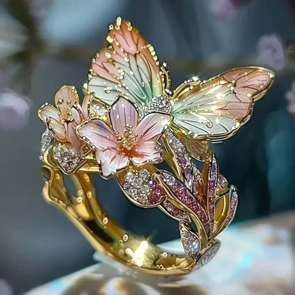 Bagues Papillon Fleurs Esthétiques pour Femme, Romantiques, en Strass, Élégantes, Inaltérables, Anneau Ouvert, Bijoux de Mariage pour Femme, Cadeau de Fête
