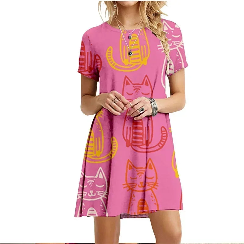 Robe imprimée chats peints, manches courtes, style kawaii pour femme, collection été 2022, col rond, décontractée, ample