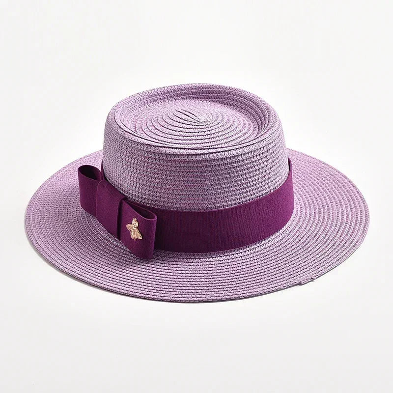 NOUVEAUX Chapeaux de paille Printemps Été pour femmes Surface ronde bosselée Dessus plat Nœud Papillon Robe Casquette Voyage Plage Soleil Chapeau Gorra