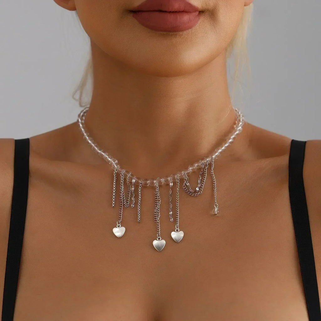Collier Cœur Perlé Tendance pour Femmes Style Bohème Élégant Chaîne en Cristal Irrégulier Ras du Cou Y2K Exquis Cadeau de Fête Bijoux Accessoires