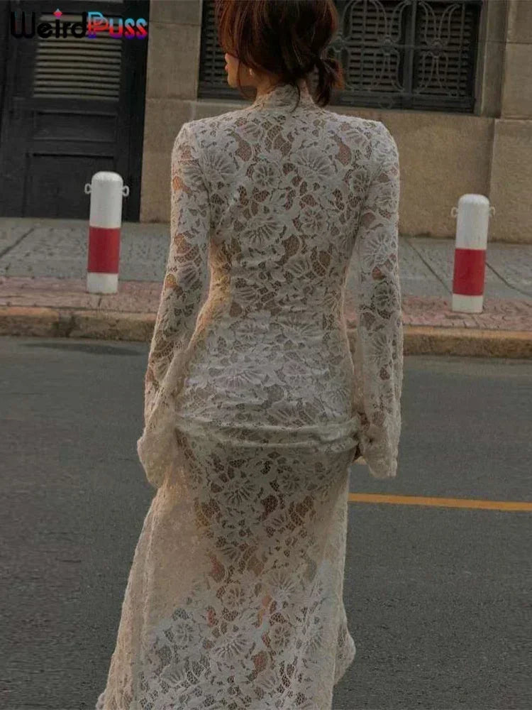 Weird Puss Broderie Volants Robe Femmes Sexy Col V Profond Fentes Transparent Uni Gland Poignets Pétale Street Élégance Vestidos