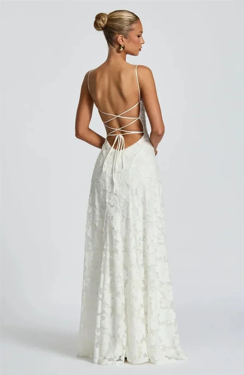 Mozision Robe longue sexy dos nu à fines bretelles pour femme, robe de soirée élégante épaules dénudées sans manches avec lacets pour club et soirée