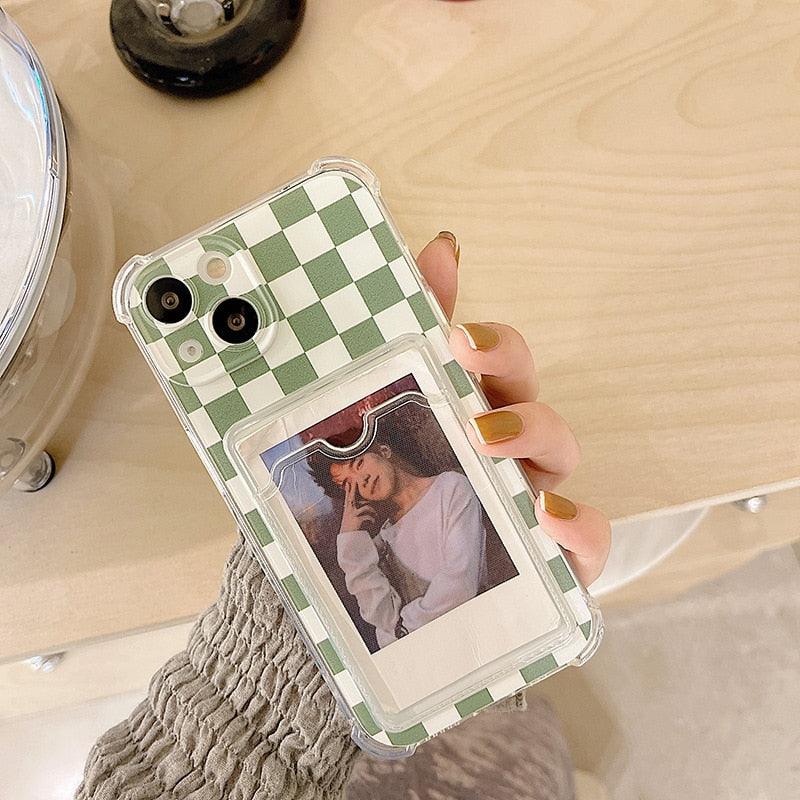 Étui de téléphone glamour avec porte-cartes transparent brillant, coque fine en silicone souple antichoc pour iPhone 14 13 11 12 Pro Max 7 8 Plus, jolie housse transparente à carreaux verts pour iPhone X XR XS, étui de téléphone antichoc avec porte-cartes