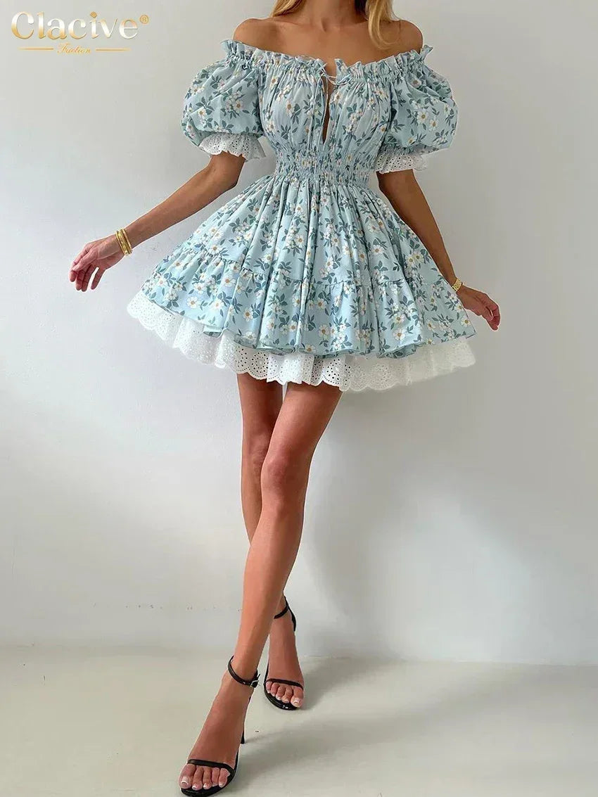Clacive Robe d'été mince imprimée pour femme, à la mode, col slash, manches courtes, mini robes élégantes, taille haute, patchwork, robe féminine