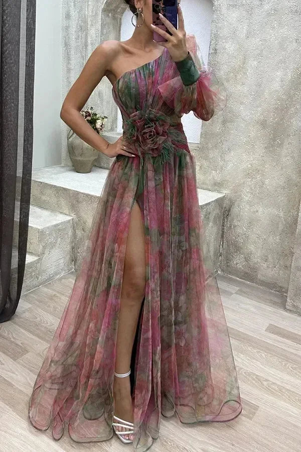 Robe longue en maille fendue haute à glissière asymétrique à épaule dénudée pour femme, robe de soirée à fleurs décoratives