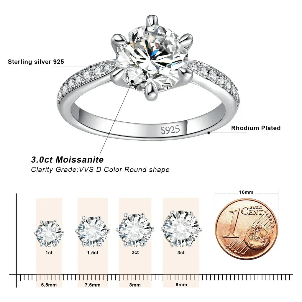 JewelryPalace Bague de fiançailles en argent sterling S925, couleur D, moissanite ronde de 0,5 carat, 1 carat, 1,5 carat, 2 carats, 3 carats pour femme