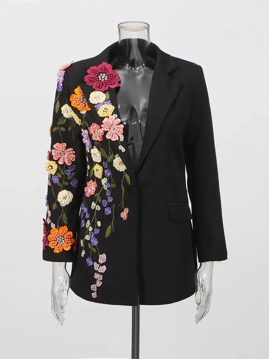 TWOTWINSTYLE Blazers tendance femme avec applications de couleur contrastée Revers Manches longues Patchwork Perles Blazer Femme de tempérament