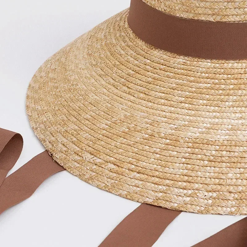Chapeau de Paille Femme à Large Bord avec Mentonnière Chapeau de Soleil d'Été Anti-UV Chapeau de Plage avec Cordon Coupe-Vent Chapeau de Voyage UPF Derby