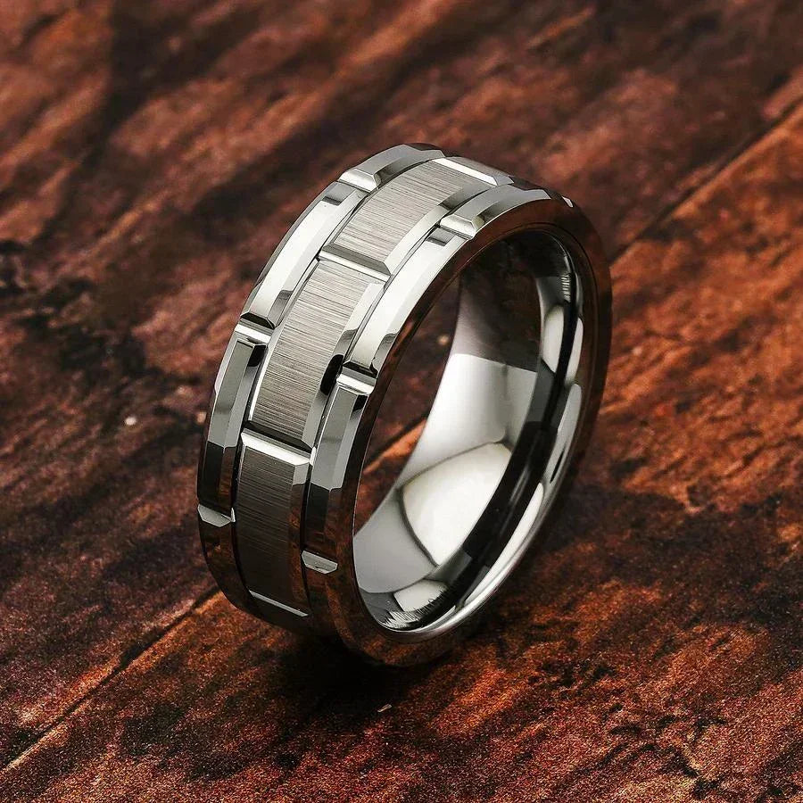 Bague Homme 8MM Acier Inoxydable Couleur Noire Brossée Double Rainure Bague de Mariage pour Hommes Bijoux de Fête pour Femmes Cadeau