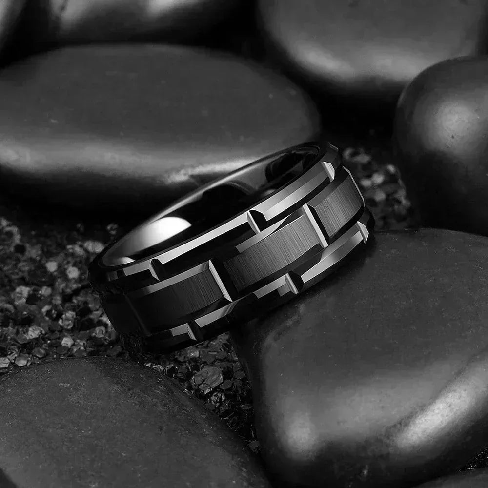 Bague Homme 8MM Acier Inoxydable Couleur Noire Brossée Double Rainure Bague de Mariage pour Hommes Bijoux de Fête pour Femmes Cadeau