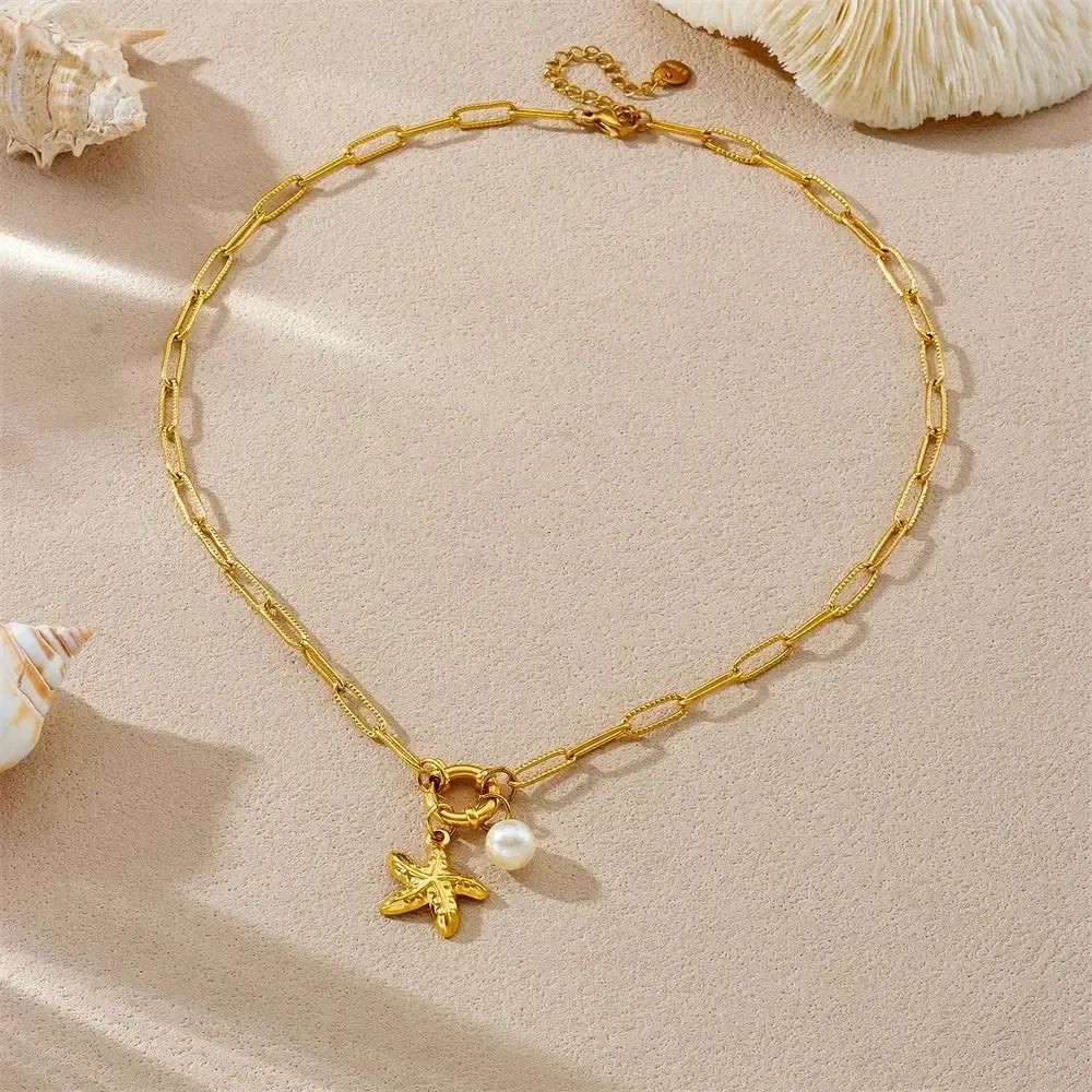 DIEYURO Collier pendentif étoile de mer perle en acier inoxydable 316L doré style océanique, nouveau bijou de chaîne de cou pour femme, cadeau d'été sur la plage
