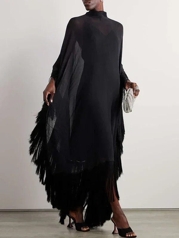 Yeezzi 2025 Nouvelle Mode Printemps Robes de Soirée Transparentes à Franges Femme Manches Chauve-Souris Couleur Unie Col Montant Ensemble Deux Pièces Robe