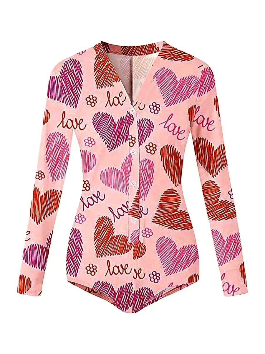Combinaison moulante pour femme à manches longues, col en V, imprimé cœurs et lèvres, boutonnée, courte, vêtement de nuit d'intérieur pour la Saint-Valentin