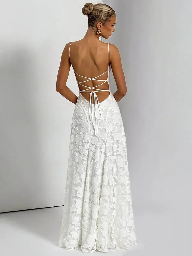 Mozision Robe longue sexy dos nu à fines bretelles pour femme, robe de soirée élégante épaules dénudées sans manches avec lacets pour club et soirée