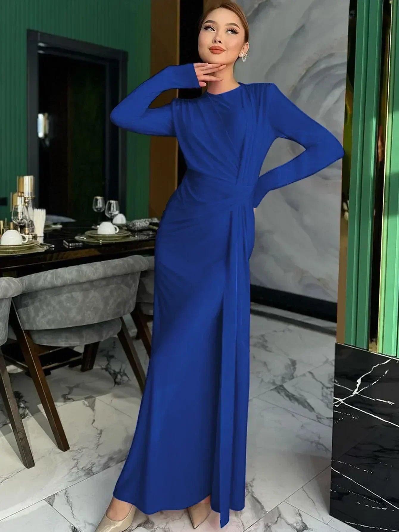Robe longue Dulzura à manches longues et épaulettes, froncée, unie, élégante, pour bal de promo ou soirée, tenue d'automne et d'hiver pour femme